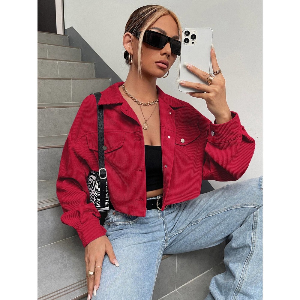 Minimalist Drop Shoulder Crop Corduroy Jacket shacket coat - Picture 9 of 11